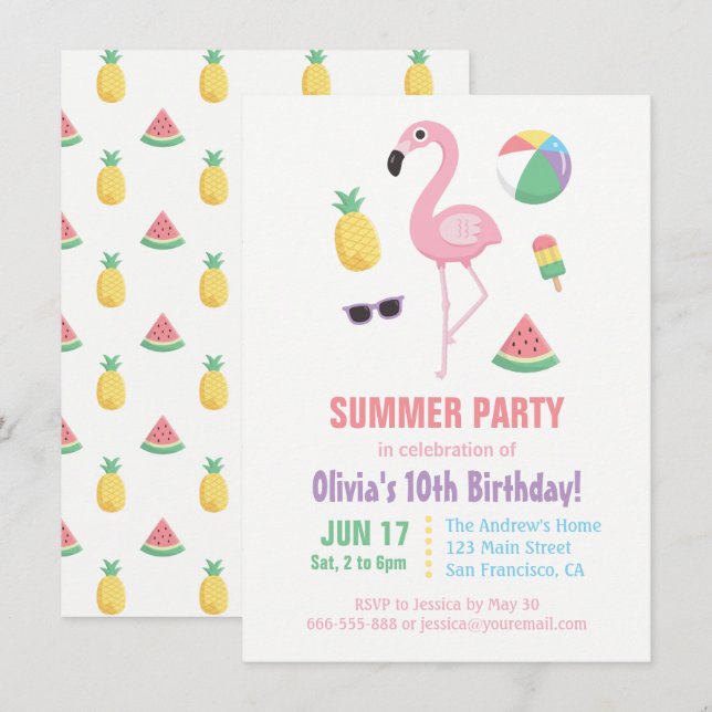 Pineapple Watermelon Flamingo Kids Birthday Party Invitation (Front/Back)