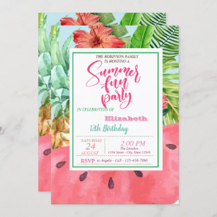 Pineapple, Watermelon, Palm Leaves Summer Birthday Invitation