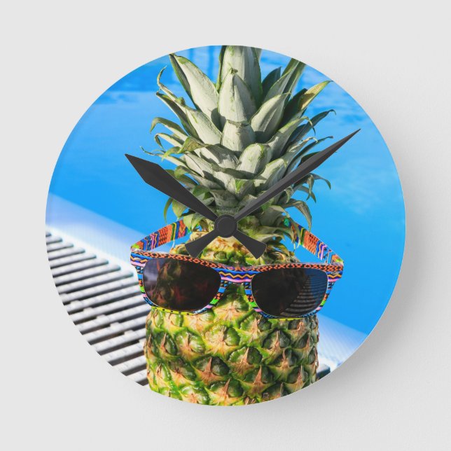 Pineapple wearing sunglasses at swimming pool round clock (Front)