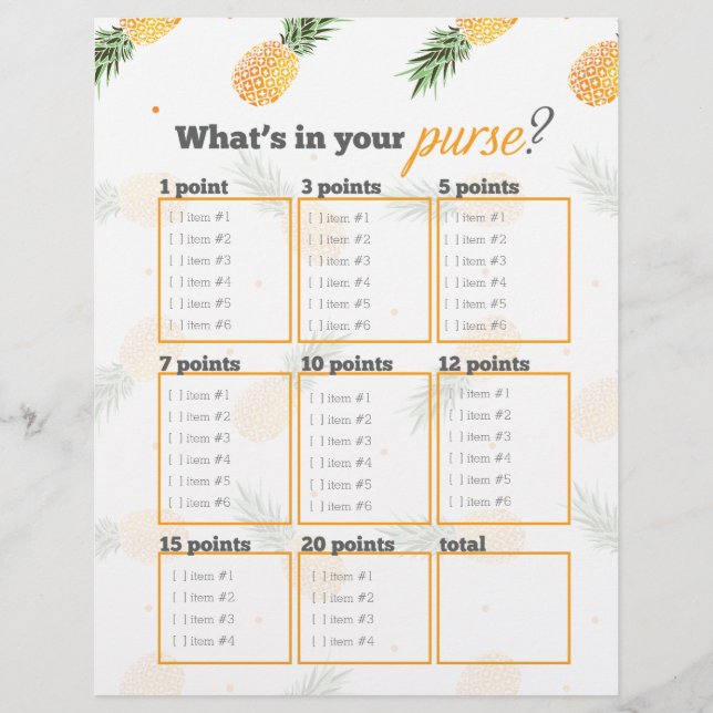 Pineapple What's in your purse? bridal shower game (Front)