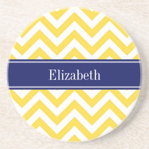 Pineapple White LG Chevron Navy Blue Name Monogram Coaster
