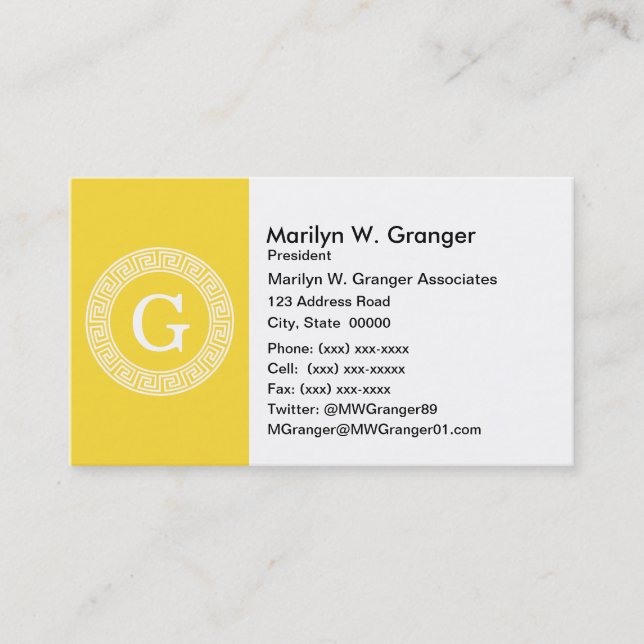 Pineapple Wht Greek Key Rnd Frame Initial Monogram Business Card (Front)