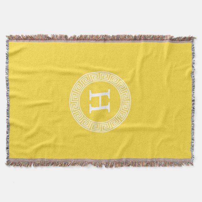 Pineapple Wht Greek Key Rnd Frame Initial Monogram Throw Blanket (Front)