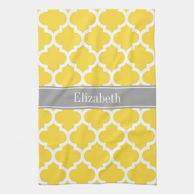 Pineapple Wht Moroccan #5 Dk Grey Name Monogram Kitchen Towel (Vertical)