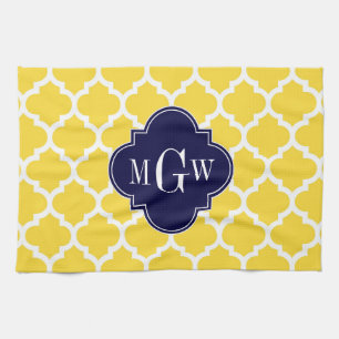 Pineapple Wht Moroccan #5 Navy 3 Initial Monogram Kitchen Towel