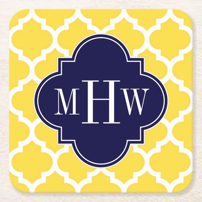 Pineapple Wht Moroccan #5 Navy 3 Initial Monogram Square Paper Coaster (Front)