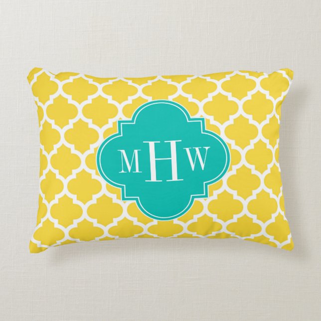 Pineapple Wht Moroccan #5 Teal 3 Initial Monogram Accent Pillow (Front)