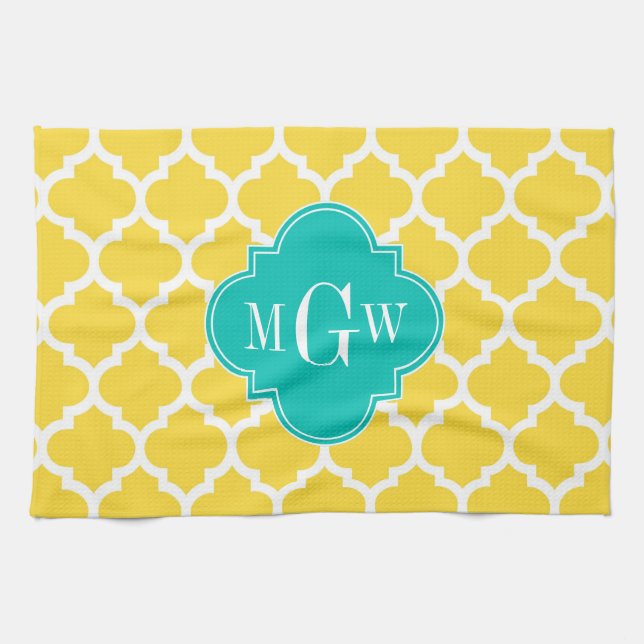 Pineapple Wht Moroccan #5 Teal 3 Initial Monogram Kitchen Towel (Horizontal)