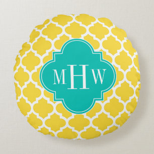 Pineapple Wht Moroccan #5 Teal 3 Initial Monogram Round Pillow