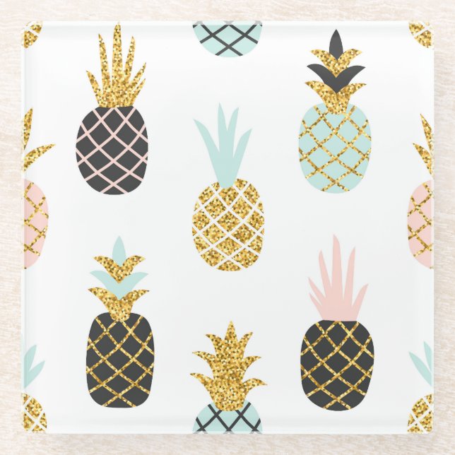 Pineapple with gold glitter, creative pattern. glass coaster (Front)