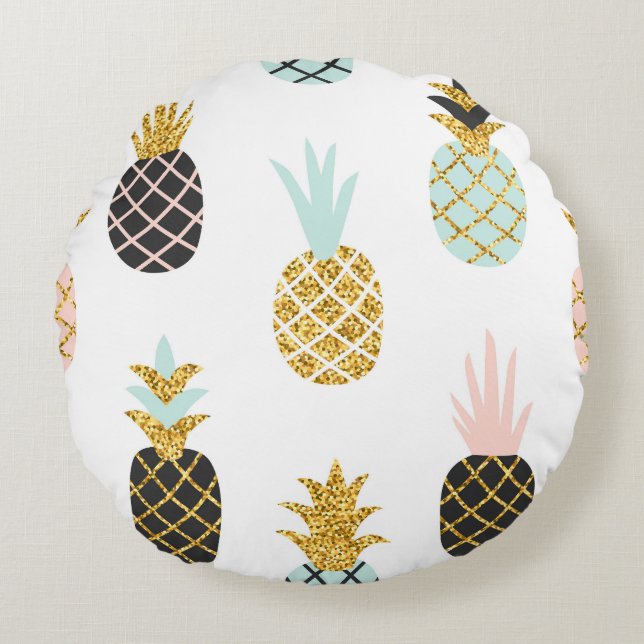 Pineapple with gold glitter, creative pattern. round pillow (Front)