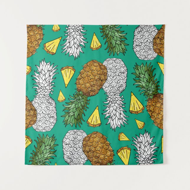 Pineapple with leaves, little chunks. Seamless pat Tapestry (Front)