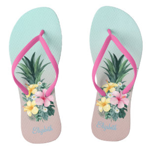 Pineapple With Tropical Flowers Flip Flops