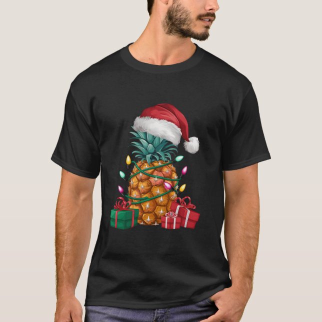 Pineapple Xmas Lighting Santa Hat Pineapple Christ T-Shirt (Front)