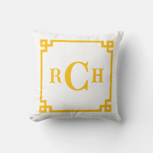 Pineapple Yellow Chinoiserie Greek Key Monogram Throw Pillow