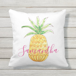 Pineapple Yellow Pink Girl's Name Outdoor Pillow