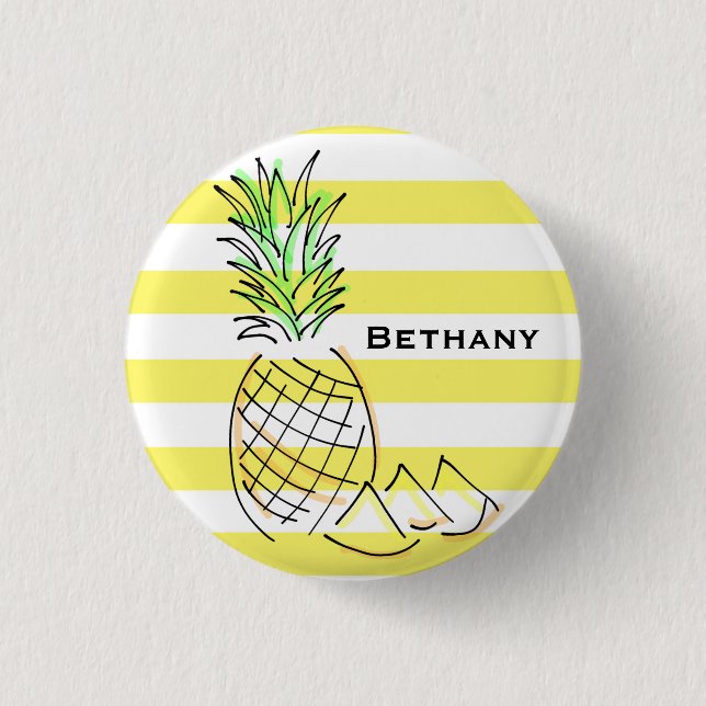 Pineapple Yellow Stripes Summer Personalised 1 Inch Round Button (Front)