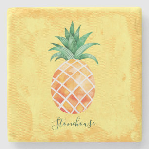 Pineapple Yellow Watercolor Family Monogram Stone Coaster