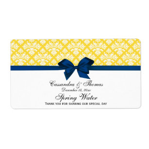 Pineapple Yellow White Damask Water Label Navy Bow