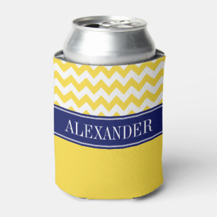 Pineapple Yellow Wht Chevron CB Navy Name Monogram Can Cooler