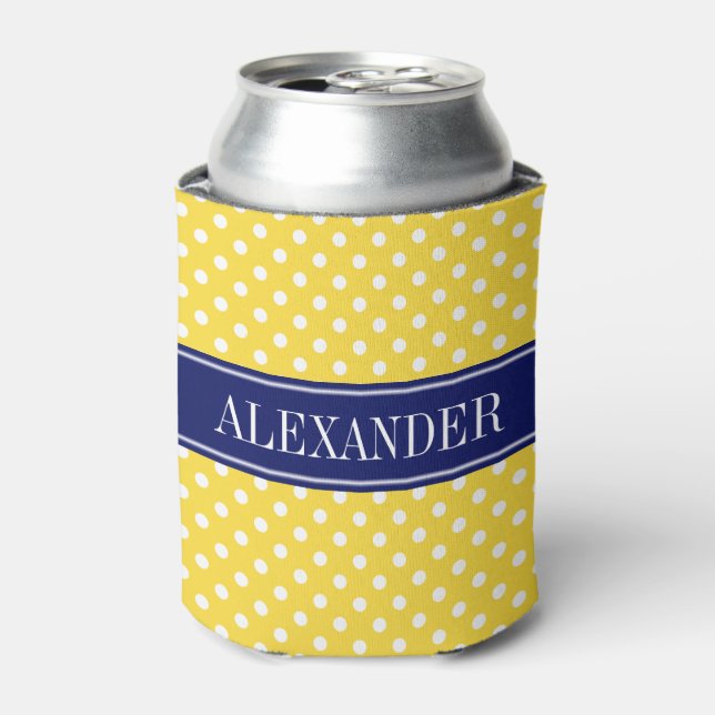 Pineapple Yellow Wht Polka Dots Navy Name Monogram Can Cooler (Can Front)