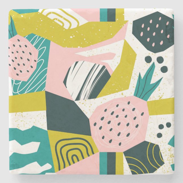 Pineapples Abstract: Colourful Seamless Patchwork Stone Coaster (Front)