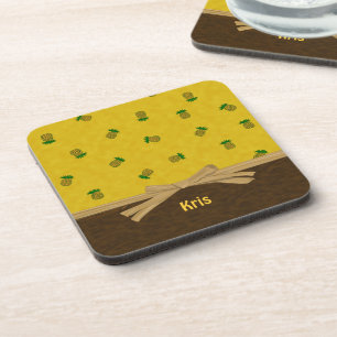 Pineapples and Bow Yellow Tropical Customizable Coaster