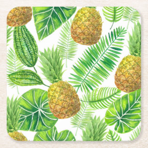 Pineapples and tropical leaves square paper coaster