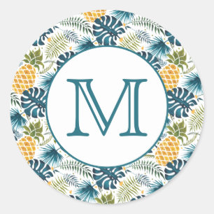 Pineapples blue palm leaves foliage white monogram classic round sticker