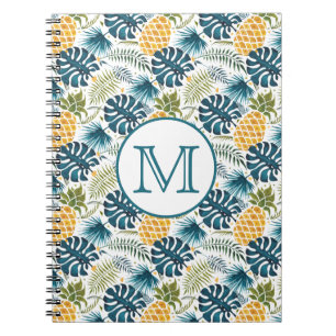 Pineapples blue palm leaves foliage white monogram notebook