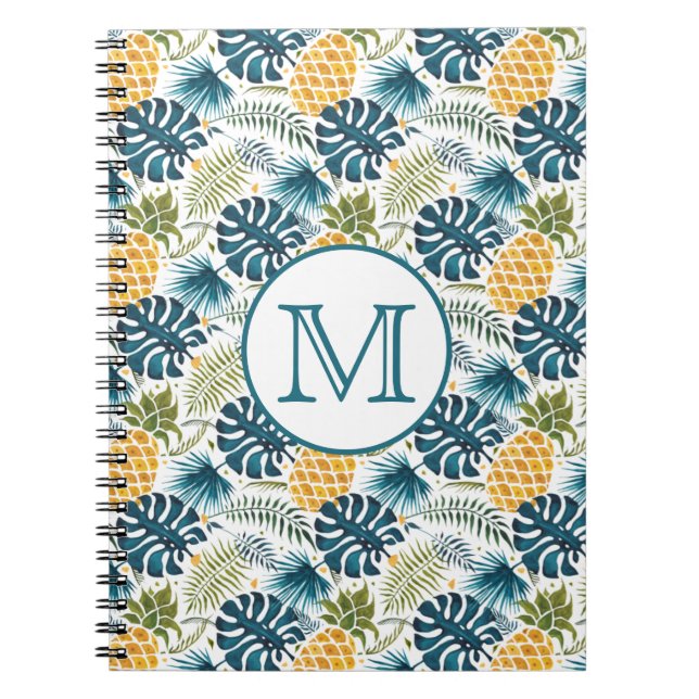 Pineapples blue palm leaves foliage white monogram notebook (Front)