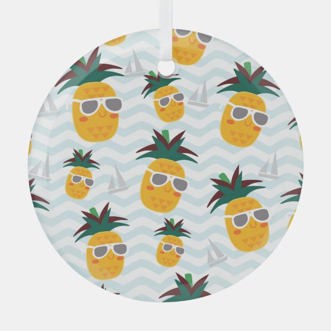 Pineapples, boat: cute ocean pattern. glass ornament (Front)
