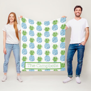Pineapples Chinoiserie Blue White Preppy Name Fleece Blanket