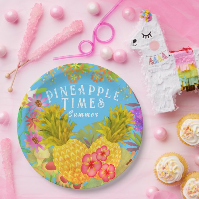 Pineapples Floral Blue Paper Plate (Party)