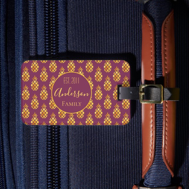 Pineapples gold maroon pattern luggage tag (Front Insitu 4)