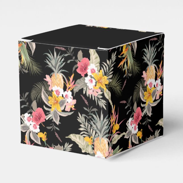 Pineapples Hibiscus Flowers on Black Square Favor Box (Front Side)