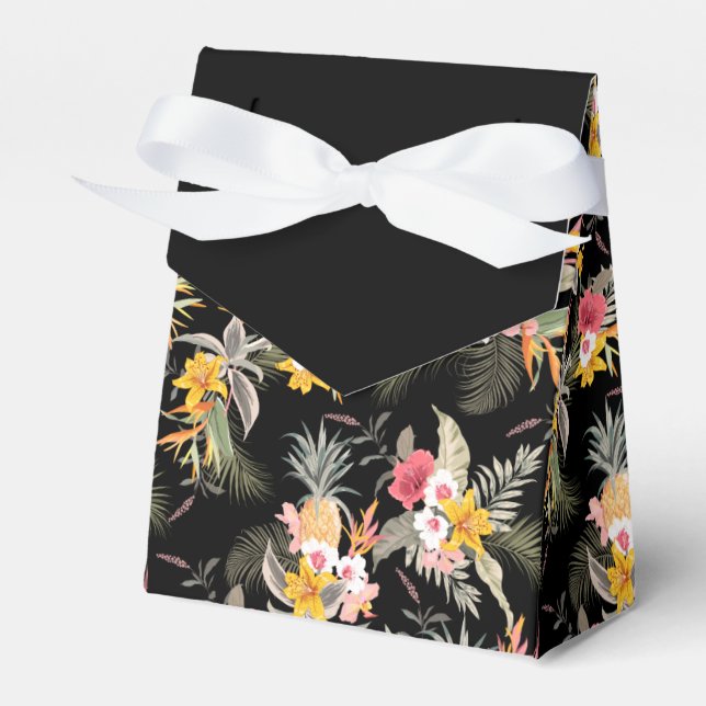 Pineapples Hibiscus Flowers on Black Tent Favor Box (Front Side)
