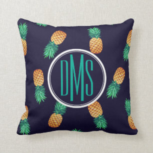 Pineapples On Navy   Monogram Throw Pillow