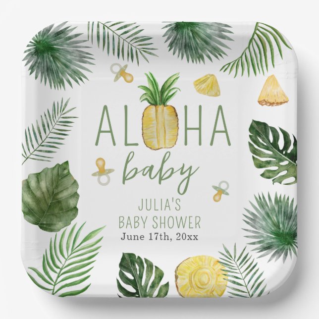 Pineapples & Pacifiers Aloha Baby Shower Green Paper Plate (Front)