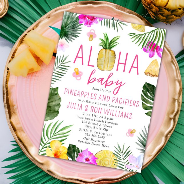 Pineapples & Pacifiers Pink Girl Baby Shower Luau Invitation (Creator Uploaded)