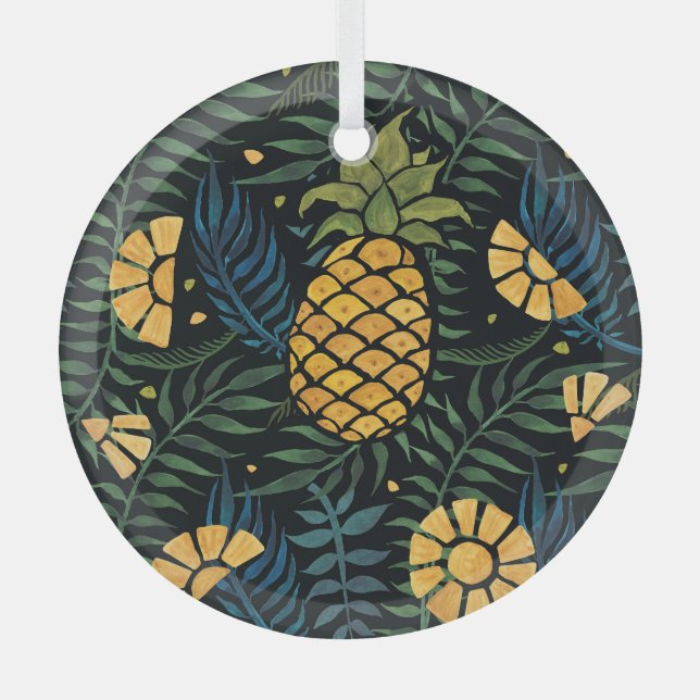 Pineapples, palm leaves: tropical pattern. glass ornament (Front)