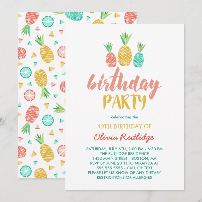 Pineapples - Summer Birthday Party Invitation (Front/Back)