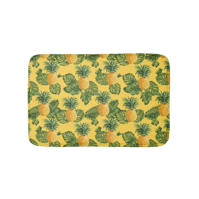Pineapples & Tropical Leaves On Gold Bath Mat (Front)