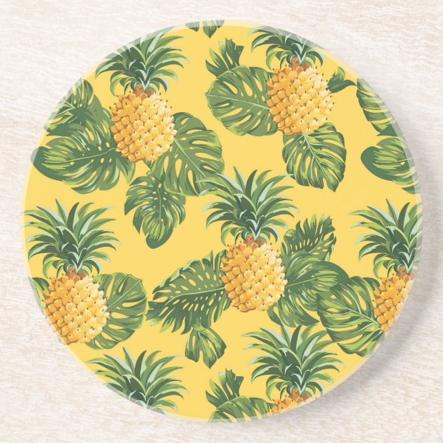 Pineapples & Tropical Leaves On Gold Coaster (Front)