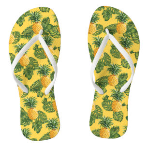 Pineapples & Tropical Leaves On Gold Flip Flops