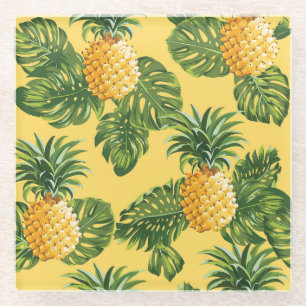 Pineapples & Tropical Leaves On Gold Glass Coaster