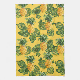 Pineapples & Tropical Leaves On Gold Kitchen Towel