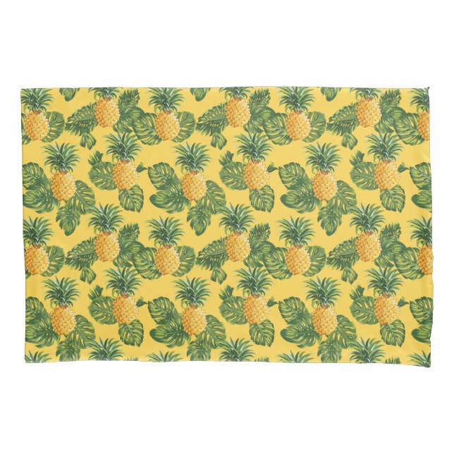 Pineapples & Tropical Leaves On Gold Pillowcase (Front-Left)