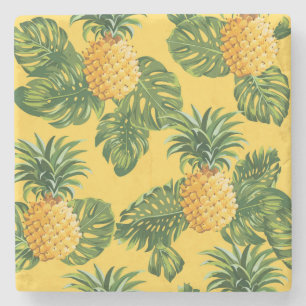 Pineapples & Tropical Leaves On Gold Stone Coaster