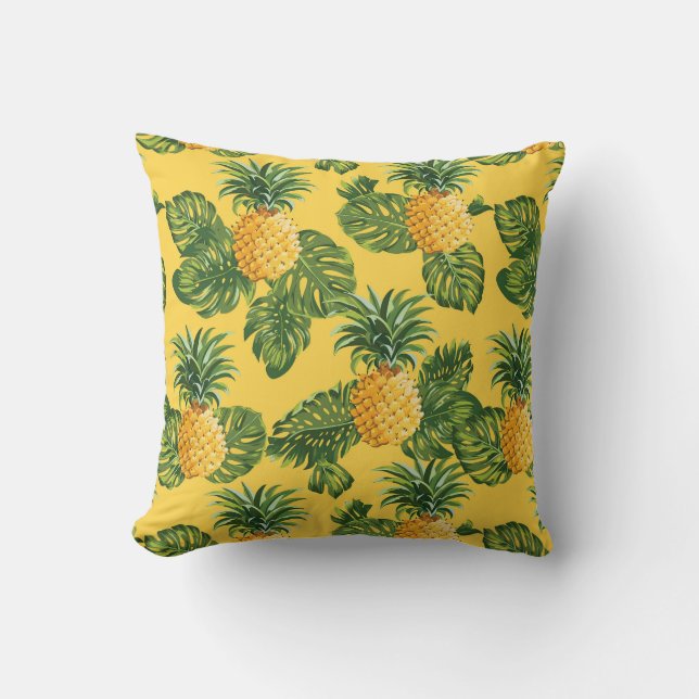 Pineapples & Tropical Leaves On Gold Throw Pillow (Front)